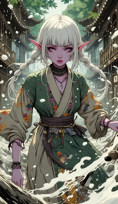 (A fusion of Ukiyo-e and dark fantasy. Aesthetic and gothic digital art. The illustration is drawn from a viewpoint looking up at a woman from a low position.) BREAK 
(White hair. Blunt bangs. White eyebrows. Long white eyelashes. Almond-shaped eyes. Laven...