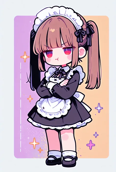 1girl, (chibi:0.7), Jitome, kawaii, sparkle, maid \(beautiful maid uniform\), naughty, angry, standing, bangs, black eyeliner, blunt bangs, pouting, cowboy shot, red eyes, hairband, long hair, brown hair, maid uniform, arms crossed, pigtails
(White Border ...