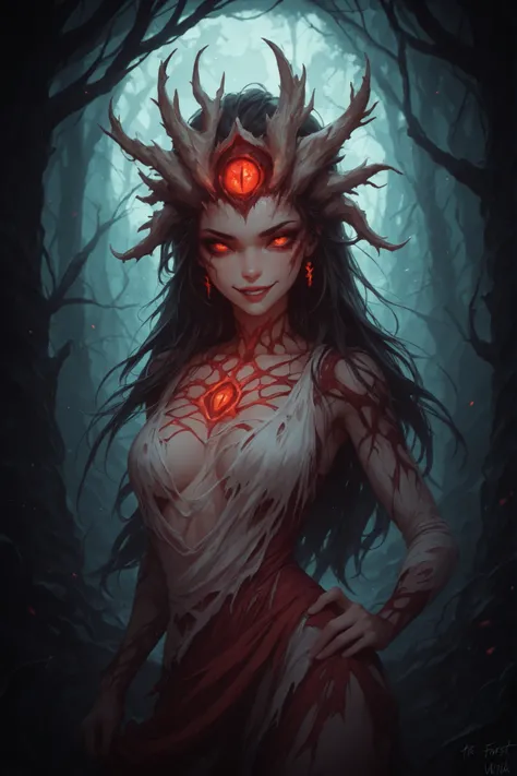 A forest witch, with a terrifying look and a diabolical smile, dressed in torn fabric clothing 