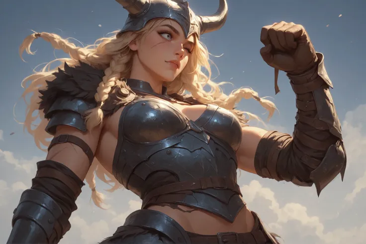 Viking woman, beautiful face, grey-eyed, a scar on one of his eyes, sexy body, iron armor with a horned helmet,  in an intimidating posture 