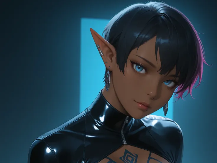 chest tattoo,very short hair, pixie cut,,(Realistic),masterpiece,best quality,cinematic lighting,natural shadow,highest detail,professional photography,detailed background,depth of field,insane details,intricate,aesthetic,detailed face,subsurface scatterin...