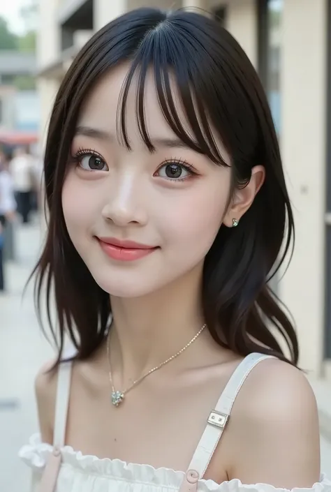 one high school girl:Large double eyelids:mascara:Smile Yan:I'm wearing a clear white lace off-the-shoulder: