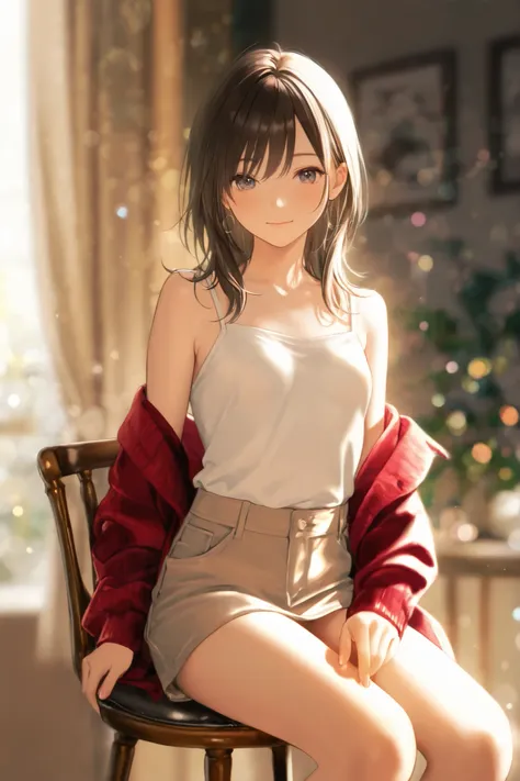 ((small round chair:1.5)),Woman sits with legs spread、small beautiful breasts、((Trendy clothes:1.5))、4K high definition、Realistic Details 、Professional Quality、HDR、Studio Lighting、vivid colors、Bokeh、Elegant portrait、In natural light
