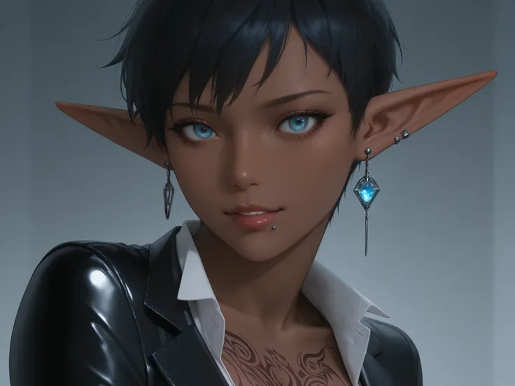 chest tattoo,very short hair, pixie cut,,(Realistic),masterpiece,best quality,cinematic lighting,natural shadow,highest detail,professional photography,detailed background,depth of field,insane details,intricate,aesthetic,detailed face,subsurface scatterin...