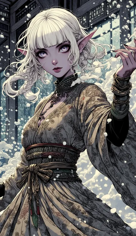 (A fusion of Ukiyo-e and dark fantasy. Aesthetic and gothic digital art. The illustration is drawn from a viewpoint looking up at a woman from a low position.) BREAK (White hair. Blunt bangs. White eyebrows. Long white eyelashes. Almond-shaped eyes. Lavend...