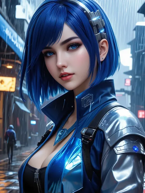 In a futuristic, rain-soaked urban setting, a girl with striking blue hair stands out vividly against the dimly lit background. The hair is short, sleek, and accentuated by metallic elements that suggest a technological theme. The attire is a glossy, futur...
