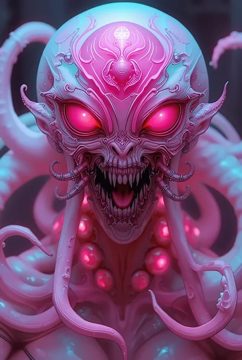 neon colored, (1 beautiful and obscene female alien:1.4), (There is a female genital-like organ in the middle of her forehead:1.95), She has medusa-like hair, (there are lots of translucent tentacles from her head like her hair:1.5), (vulgarity1.7), (she i...