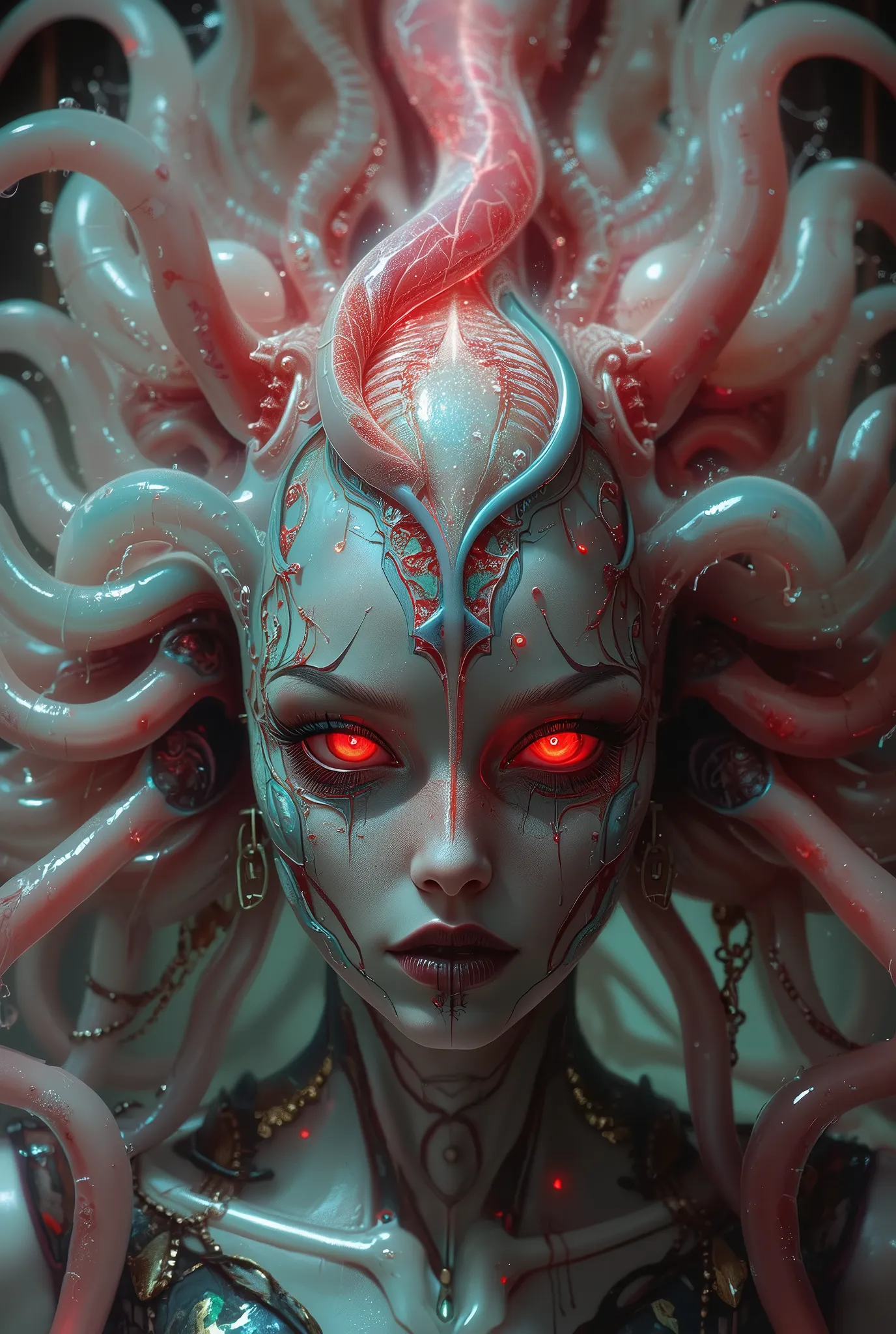 neon colored, (1 beautiful and obscene female alien:1.4), (There is a female genital-like organ in the middle of her forehead:1.95), She has medusa-like hair, (there are lots of translucent tentacles from her head like her hair:1.5), (vulgarity1.7), (she i...