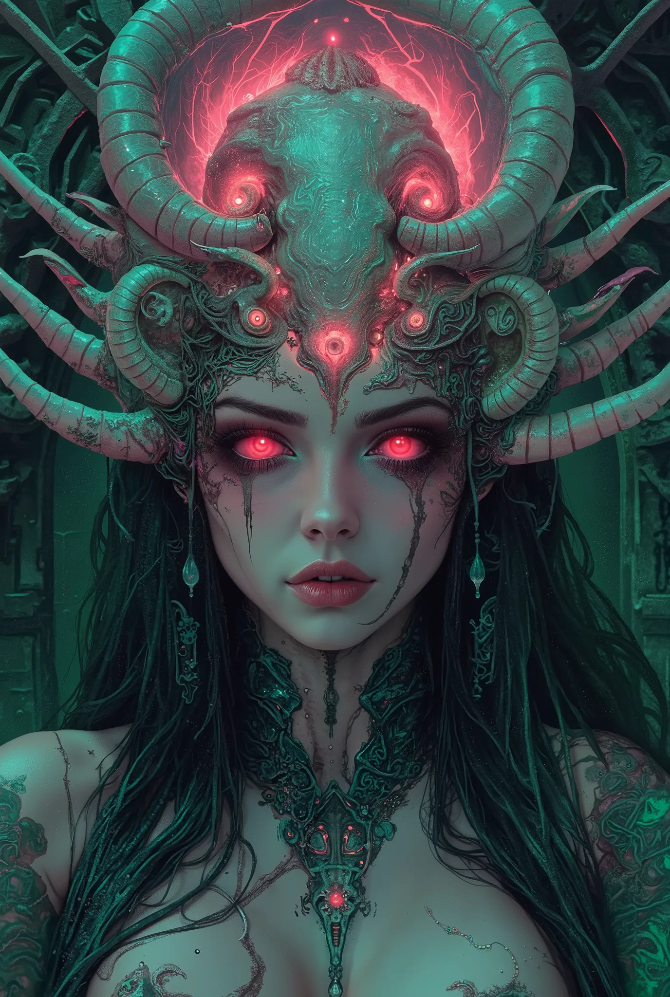 neon colored, (1 beautiful and obscene female alien:1.4), (There is a female genital-like organ in the middle of her forehead:1.95), She has medusa-like hair, (there are lots of translucent tentacles from her head like her hair:1.5), (vulgarity1.7), (she i...