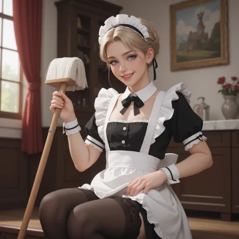 Femboy with blond hair, a egg on her head, in a black and white maid suit, with beautiful eyes, totem in hand with blue eyes, in black stockings, scrubs floors with a mop. embarrassment on the face, smile. background of the apartment. best quality, masterp...