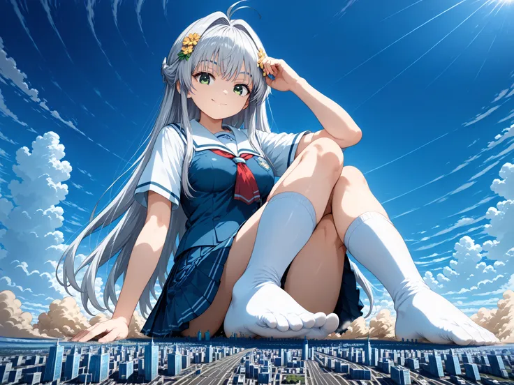 score_9_up, score_8_up, score_7_up, (super super close sitting on the ground, Foot Closest), 1girl, solo, (Japanese high school girl, very super big boobs, semi-long hair, bangs, stupid hair, hair intake , green eyes ,  summer schoolgirl uniform , Miniskir...