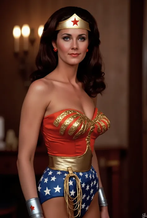 (Excellent masterpiece:1.5)0.7]，(wonder woman:1.2) ( messy brunette :1.1) ( dark eyes :1.2) (muscular:1.1) (Thick lips:0.9)， A photorealistic, high-resolution side-rear portrait of a beautiful, confident woman dressed in a classic 1970s Wonder Woman costum...