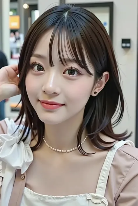 one high school girl:Large double eyelids : mascara:long eyelashes :Focus on the eyes: Smile Yan:bungs : Princess Cut: pink lipstick : {{I'm wearing a clear white lace off-the-shoulder}: