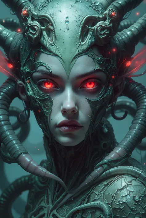 neon colored, (1 beautiful and obscene female alien:1.4), (There is a female genital-like organ in the middle of her forehead:1.95), She has medusa-like hair, (there are lots of translucent tentacles from her head like her hair:1.5), (vulgarity1.7), (she i...