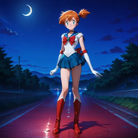 masterpiece, amazing quality, best quality, ultra-detailed, 8K, illustration, clear skin, ultra-detailed-eyes, soft skin, very awa, very as2, soft body, 1990s \(style\), official art, 1girl. misty \(pokemon\), side ponytail, aqua eyes, small breasts, sailo...