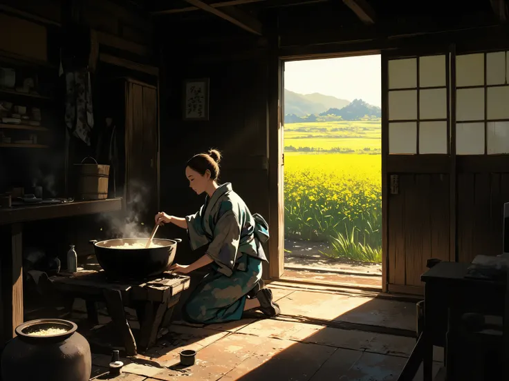 A highly realistic, painterly scene set in late-Edo-period Japan: 
inside a humble fisher-farmer household’s kitchen with an earthen floor, rough wooden beams, and soot-darkened walls. 
A middle-aged Japanese mother in a faded, patched indigo kimono kneels...