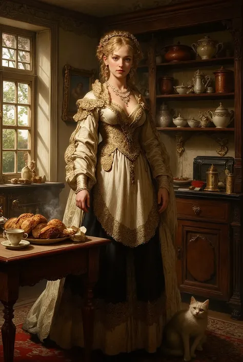 A majestic and elegant woman, the 'Queen of Household', standing proudly in a luxurious yet cozy home interior. She wears a sophisticated vintage-inspired apron with intricate lace details, embroidered golden patterns, and a delicate pearl necklace. Her ha...