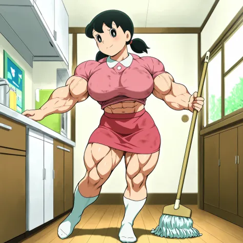 score_9, source_anime, rating_safe BREAK 1girl, solo, minamoto shizuka \(doraemon\), black hair, low twintails, short twintails, black eyes, smile, white solo, long Shot, looking at viewer, long shot, big pec's, over-sized breast ,pink dhirt and skirt, no ...