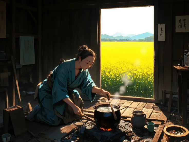 A highly realistic, painterly scene set in late-Edo-period Japan: 
stirring plenty oiled a small amount of rice in a heavy cast-iron pot with a wooden spatula, inside a humble fisher-farmer household’s kitchen with an earthen floor, rough wooden beams, and...