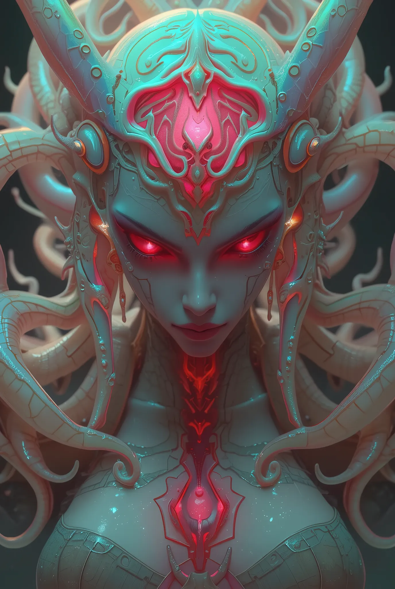 neon colored, (1 beautiful and obscene female alien:1.4), (There is a female genital-like organ in the middle of her forehead:1.95), She has medusa-like hair, (there are lots of translucent tentacles from her head like her hair:1.5), (vulgarity1.7), (she i...