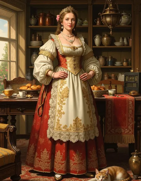 A majestic and elegant woman, the 'Queen of Household', standing proudly in a luxurious yet cozy home interior. She wears a sophisticated vintage-inspired apron with intricate lace details, embroidered golden patterns, and a delicate pearl necklace. Her ha...