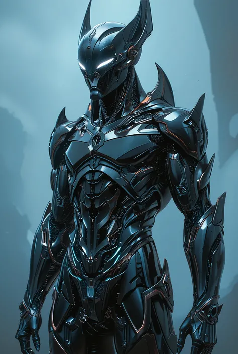 A sleek and powerful alien warrior made of translucent obsidian glass, with smooth, fluid contours and sharp, horned helmet. Reflective surface with subtle inner light, like liquid metal or black crystal. Hyperrealistic detail, sci-fi surreal aesthetic, am...