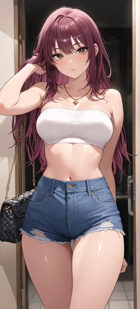 Come home to the front door、throw a kiss at your boyfriend、18-year-old Japanese high school girl delinquent girl、small Chanel luxury bag、white tube top and denim shorts、Simple Necklaces、Provocative slender eyes、brown eyes、 beautiful maroon hair 、long disheveled hair、putting her hair in an upstyle、tall、long eyelashes、Gal Style Makeup、shiny pink rouge、Beautiful skin、at night、(( best quality )), ((Masterpiece)), (((sfw))),(( best quality )), ((Masterpiece)), ( Details), functional、embarrassing、great style 、Beautiful girl , beautiful girl realistic , (Masterpiece), ( best detail),( best quality ),good-looking