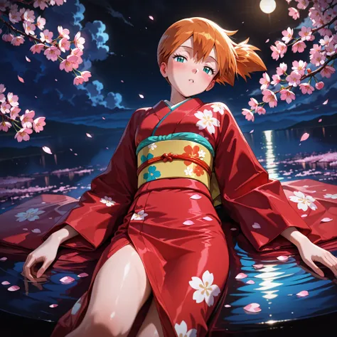 masterpiece, amazing quality, best quality, ultra-detailed, 8K, illustration, clear skin, ultra-detailed-eyes, soft skin, very awa, very as2, soft body, 1990s \(style\), official art, misty \(pokemon\), side ponytail, aqua eyes,  japanese clothes, kimono, ...