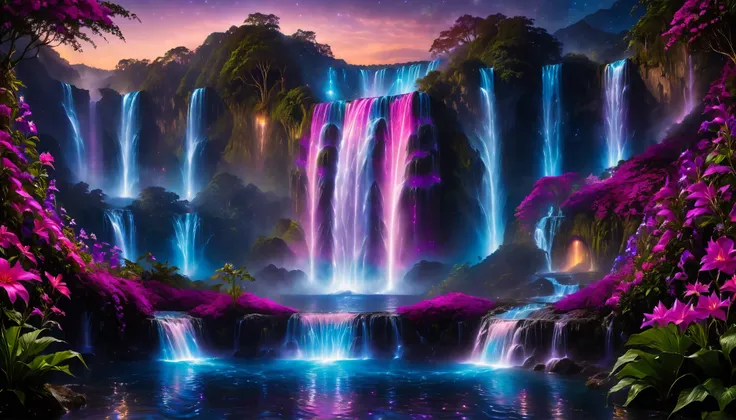 Shiny purple |Pink|blue waterfall amongst strange magic flowers, At night, glowing fairy lights , magic, High quality fairyland waterfall, Realistic Water, ripple, 8k,(A mysterious and majestic large waterfall that can be seen in the back:1.5),Scenery phot...