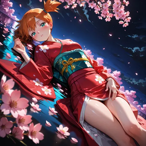 masterpiece, amazing quality, best quality, ultra-detailed, 8K, illustration, clear skin, ultra-detailed-eyes, soft skin, very awa, very as2, soft body, 1990s \(style\), official art, misty \(pokemon\), side ponytail, aqua eyes,  japanese clothes, kimono, ...