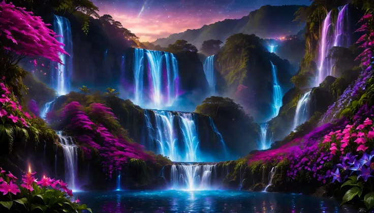 Shiny purple |Pink|blue waterfall amongst strange magic flowers, At night, glowing fairy lights , magic, High quality fairyland waterfall, Realistic Water, ripple, 8k,(A mysterious and majestic large waterfall that can be seen in the back:1.5),Scenery phot...