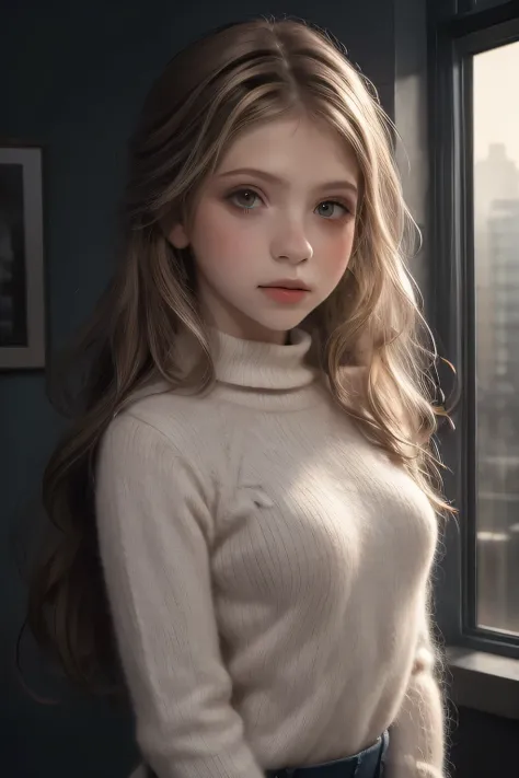 beauty incarnate, fluffy sweater, fluffy clothing, tight cotton uniform, ((nsfw)), (((petite))), (((petite breast size))), (pale coloured cotton leggings), indoors, night, soft lighting, photorealistic