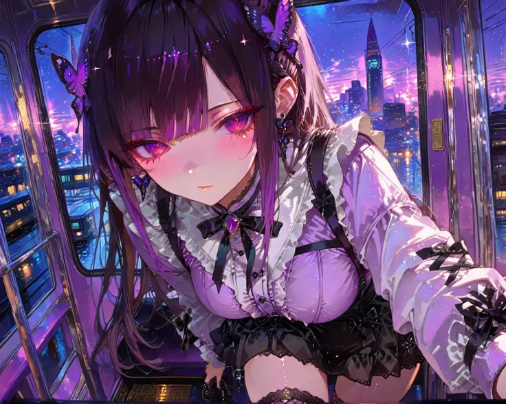 Solo one girl, (maroon eyes), (black long hair:1.2), (purple gradient highlights:1.2), (hime cut bangs), blunt ends, sidelocks, One thin braid, butterfly earrings, butterfly hair accessories, cool facial expression, 
Japanese street fashion, Jirai kei outfit, oversized, top with frilly lace and bows, short skirts, fishnet stockings, chunky platform shoes, 
empty train carriage, large windows, blurred lights of the city, 
masterpiece, best quality, anime artwork, very beautiful face, (detailed eyes:1.2), perfect eyes, high res, detailed background, super fine illustration, depth of field, intricate details, sophisticated look, beautiful attention to detail, very aesthetic, 
stunning, fascinating, enchanting, absurdres, HDR, dynamic lighting, sparkle, eye lashes, cowboy shot
