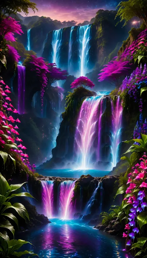 Shiny purple |Pink|blue waterfall amongst strange magic flowers, At night, glowing fairy lights , magic, High quality fairyland waterfall, Realistic Water, ripple, 8k,(A mysterious and majestic large waterfall that can be seen in the back:1.5),Scenery phot...