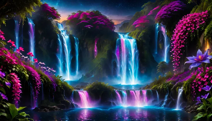 Shiny purple |Pink|blue waterfall amongst strange magic flowers, At night, glowing fairy lights , magic, High quality fairyland waterfall, Realistic Water, ripple, 8k,(A mysterious and majestic large waterfall that can be seen in the back:1.5),Scenery phot...