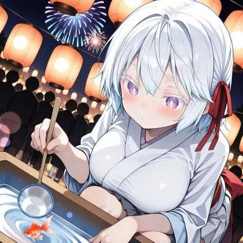 night festival, crowded summer festival, festival stalls, glowing lanterns, blurred crowd, fireworks in the distance, depth of field, bokeh, dutch angle, upper body, from above, (solo, 1girl, purple eyes, yuki onna, white hair, short hair, habitual hair, h...
