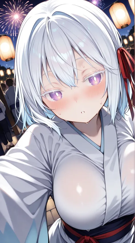 night festival, crowded summer festival, festival stalls, glowing lanterns, blurred crowd, fireworks in the distance, depth of field, bokeh, dutch angle, upper body, from above, (solo, 1girl, purple eyes, yuki onna, white hair, medium hair, habitual hair, ...