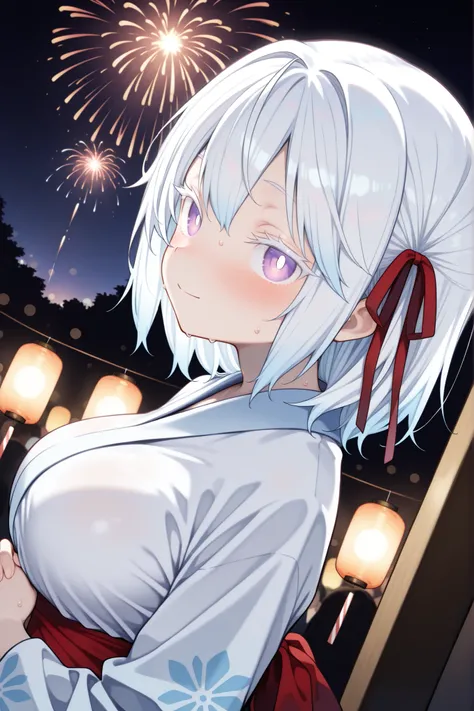 night festival, crowded summer festival, festival stalls, glowing lanterns, blurred crowd, fireworks in the distance, depth of field, bokeh, dutch angle, upper body, from side, (solo, 1girl, purple eyes, yuki onna, white hair, medium hair, habitual hair, h...