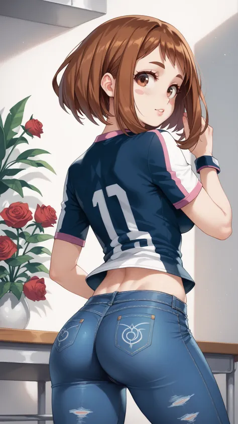 , ochako uraraka, brown eyes, brown hair, short hair, blush, blush stickers, skin tight, sexy body, sexy figure, sexy, desireable, butt, back view, back, dos, fesses , pantalon jeans, tshirt rose, dos,  bottes noires,  , elle est courte