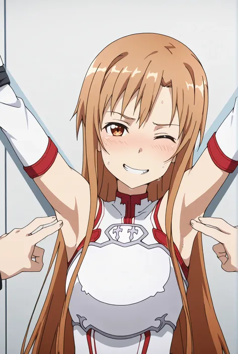 masterpiece, best quality, amazing quality, anime screencap, anime coloring, 1girl, solo, Yuuki Asuna, Yuuki Asuna SAO costume, White Armor, White plate, White isolated sleeve, (character), long hair, detached sleeves, bare shoulders, arms out, restrained,...