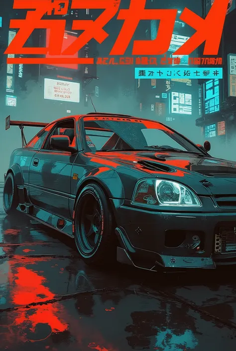 A poster in the style of Japanese manga with bright large fonts and graphics, a futuristic, highly detailed automotive illustration in the corporate style of Stepan Maksimov, which depicts an exclusive sporty, precise and detailed tuned Honda Civic coupe b...