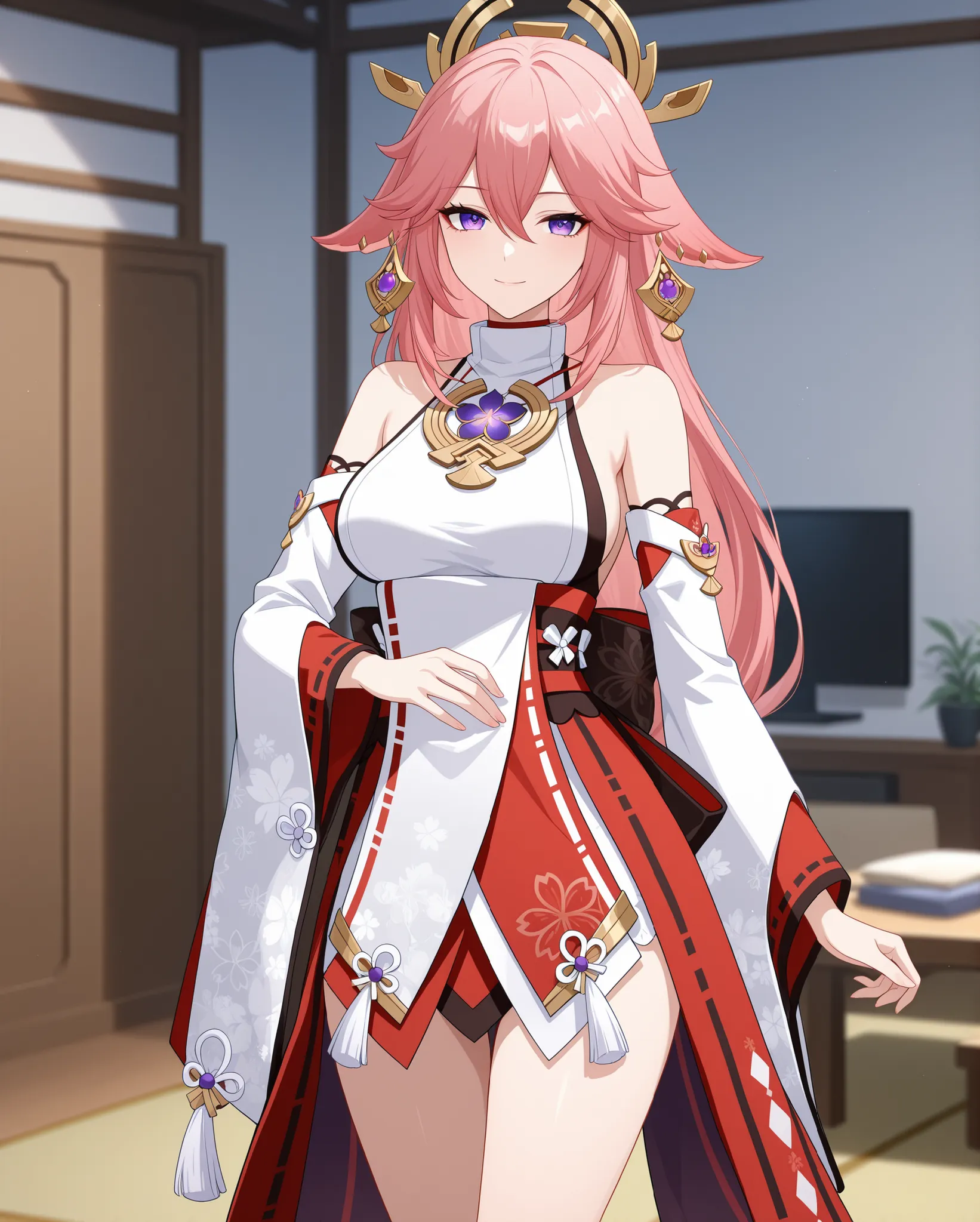 standing, chilling, 
looking at viewer, happy, 
front view, from front, 

	Yae Miko \Genshin Impact\, 
pink hair, long hair, purple eyes, medium breasts,
hair ornament, fox ears, 

	Yae Miko \Genshin Impact\ outfit, 
japanese clothes, bare shoulders, 
pink...