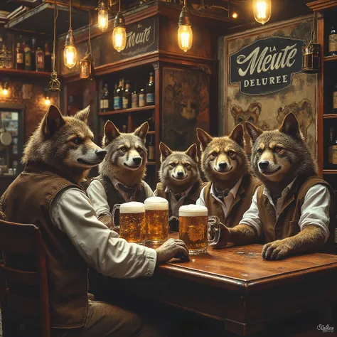 Un groupe de loups anthropomorphes est assis autour d'une table en bois dans un endroit bien éclairé, pub rustique. Bière. Chaque loup est vêtu, avec des chemises blanches et des gilets bruns, leur donnant une apparence sophistiquée et élégante. Ils sont ...