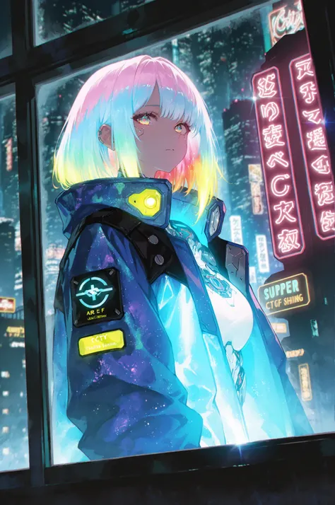 multicolored eyes, colourful glowing hair, wearing sci-fi jacket, anime style, high detail, Futurism, glowing light, UHD, retina, masterpiece, ccurate, anatomically correct, textured jacket, super detail, high details, high quality, award winning, best qua...