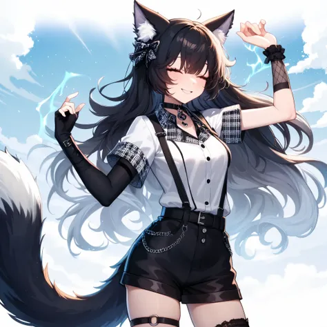 woman, cat ears, cat tail, black hair with white gradient, black goth white collared shirt with plaid black and white pattern, long black fingerless gloves, black shorts, cat themed long black socks, eyes closed and smiling,  holding up hand with blue ener...