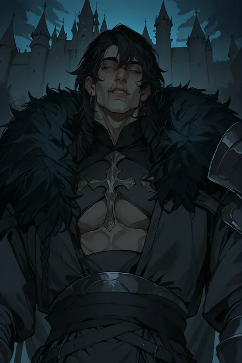scar on mouth,dark shades, fantasy clothing,simple castle background,Сверхдетализированный вид снизу, HDR, высокое разрешение, Один, 1 Мужчина,  светло-голубые глаза, (детализированное красивое лицо и глаза), блондинистые волосы, wolf cut, растрепанный, по...