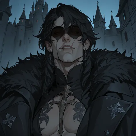 scar on mouth,dark shades, fantasy clothing,simple castle background,Сверхдетализированный вид снизу, HDR, высокое разрешение, Один, 1 Мужчина,  светло-голубые глаза, (детализированное красивое лицо и глаза), блондинистые волосы, wolf cut, растрепанный, по...