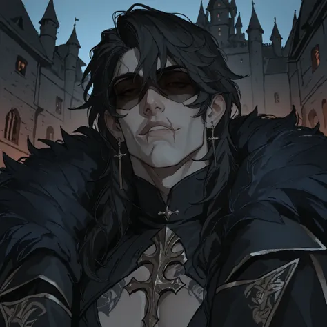 scar on mouth,dark shades, fantasy clothing,simple castle background,Сверхдетализированный вид снизу, HDR, высокое разрешение, Один, 1 Мужчина,  светло-голубые глаза, (детализированное красивое лицо и глаза), блондинистые волосы, wolf cut, растрепанный, по...