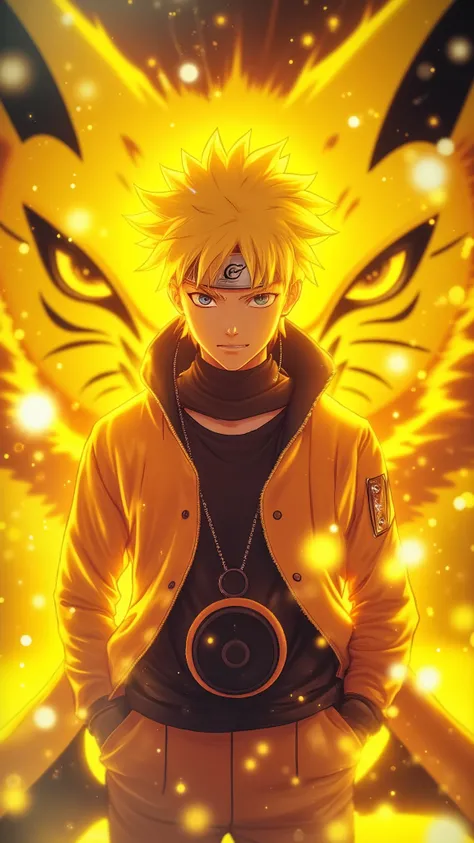 A heroic anime boy with spiky blonde hair and blue eyes, wearing an orange and black outfit, standing confidently with hands in pockets, glowing golden nine-tailed fox spirit (Kurama) behind him, intense orange and yellow chakra aura, glowing eyes in the b...