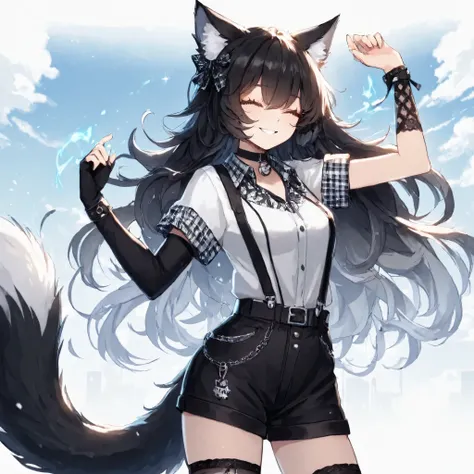 woman, cat ears, cat tail, black hair with white gradient, black goth white collared shirt with plaid black and white pattern, long black fingerless gloves, black shorts, cat themed long black socks, eyes closed and smiling,  holding up hand with blue ener...